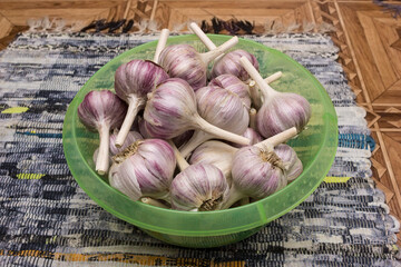 Large garlic bulbs on a plastic dish