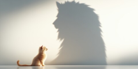 An orange kitten sits on a floor with the shadow of a lion projected behind it, symbolizing growth, confidence, and self-perception.