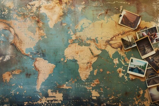 Travel photos displayed on a world map background with empty space for text or customization. Generative AI