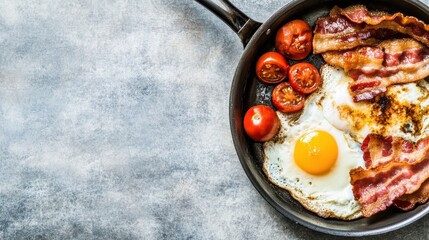 Delicious Breakfast with Eggs, Bacon, Tomatoes in Frying Pan