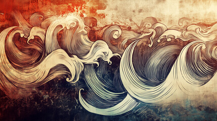 Whirlwind of the Sea: A mesmerizing digital illustration of swirling waves, painted in rich hues of blue, red, and brown.