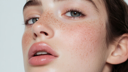 Fototapeta premium Close-up view of a young woman's face highlighting natural beauty and features with freckles and glossy lips