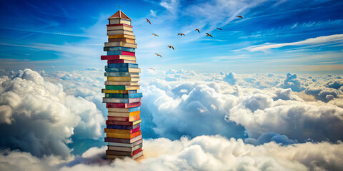 A tall stack of vibrant books rises among fluffy white clouds, reaching towards a clear blue sky. Birds soar gracefully in the background, enhancing the whimsical atmosphere