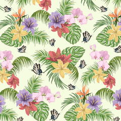 Palm leaves with flowers.Vector seamless pattern with flowers and palm leaves on a colored background with butterflies.