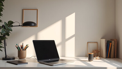 Serene Minimalist Workspace with Natural Light and Plants Against White Wall