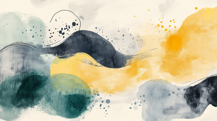 Abstract Watercolor Flow: A captivating blend of yellow, green, and blue hues dances across the canvas, creating a dynamic, fluid abstract painting.