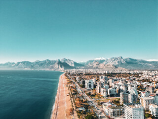 Cinematic Aerial view of Konyaalti beach in Antalya and public park