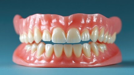 Obraz premium Full set of artificial dentures on blue background.