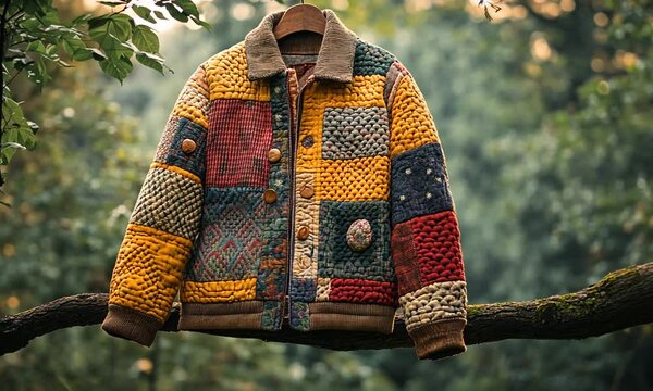 A colorful patchwork jacket hanging on a tree branch in a forest setting.
