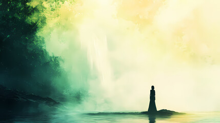 Silhouette standing in serene, misty waterscape with ethereal light. Etherean. Illustration