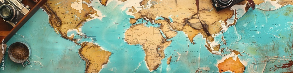 Aufkleber Travel memories displayed on a world map backdrop featuring various destinations and activities for inspiration. Generative AI