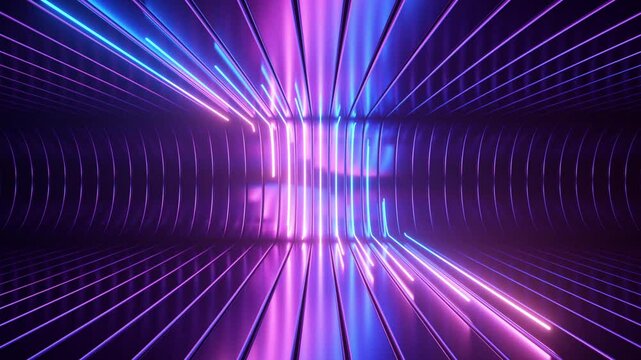 3d looping animation. Abstract holographic background of glowing neon lines slide along the bend metallic stripes. 