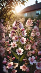 Delicate Pink and White Soapwort Flowers Blooming in a Summer Garden