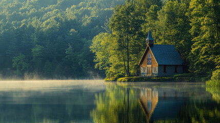 Fototapeta premium Christian Lakeside Retreat: A Serene Escape for Spiritual Reflection.