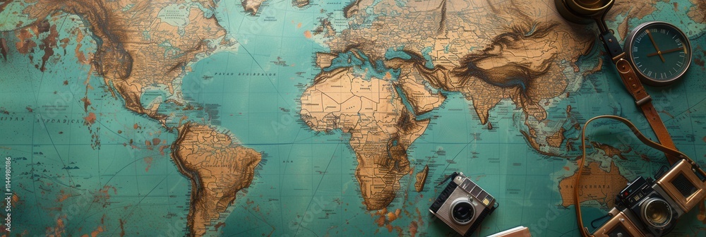 Fototapete Travel memories displayed on a world map background with copy space for personalized messages and inspiration. Generative AI