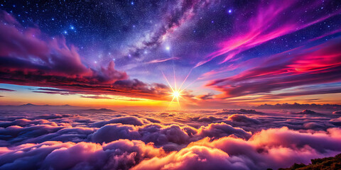 Fototapeta premium The horizon is aglow with a stunning sunset, casting vibrant colors across the sky. Clouds are softly illuminated while stars begin to twinkle, creating a breathtaking atmosphere