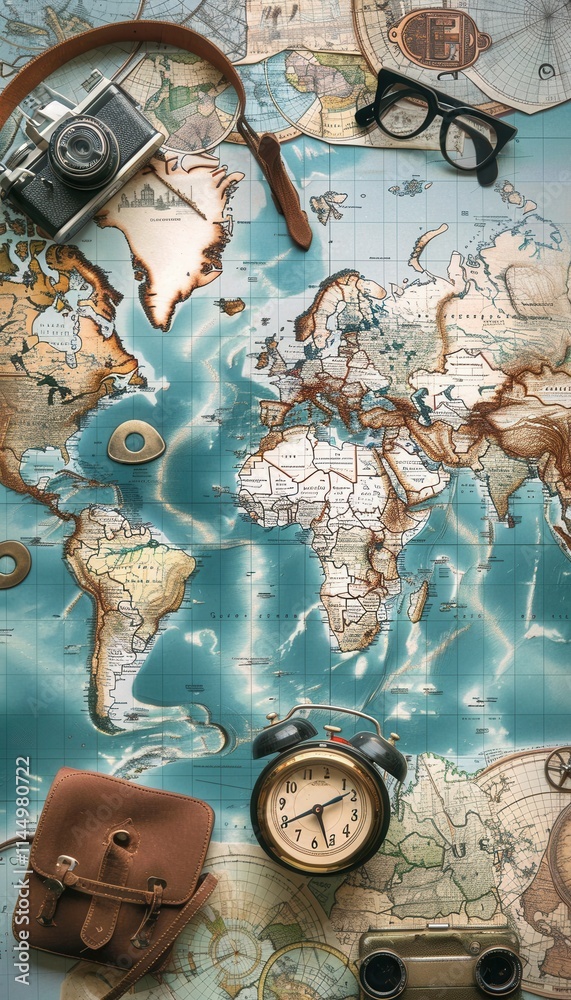 Aufkleber travel memories showcased on a world map backdrop with accessories for exploration and adventure. ge