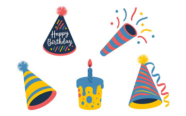 Collection of illustrated birthday themed items, including colorful party hats, a birthday cupcake with a candle, and party blower. Ideal for greeting cards, invitations, banners, or event promotions