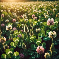 Obraz premium Fresh Clover Blossoming in the Sunlit Meadow