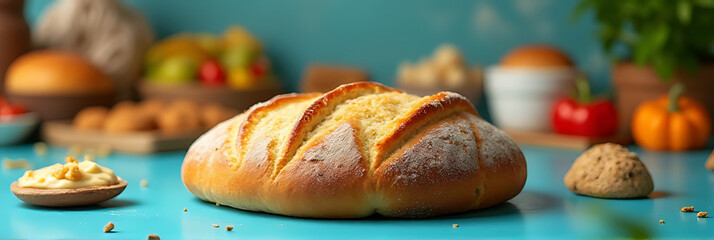Freshly baked bread sits on a blue background amidst a display of healthy food options in a vibrant bakery scene._00002_