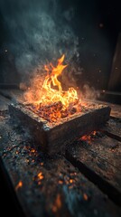 Naklejka premium A glowing fire in a wooden box, emitting smoke and embers.