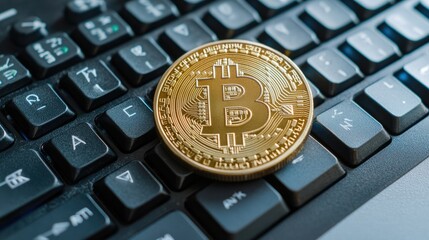 Golden Bitcoin cryptocurrency coin on a black keyboard.