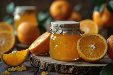 A jar of orange jelly sits on a wooden table with several oranges on the table