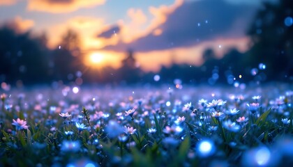 Serene Sunset Field with Blooming Blue Flowers at Dusk