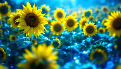 Fototapeta premium Vibrant Sunflower Field in Summer Sunlight with Bright Yellow Blooms