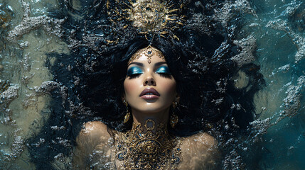 Ethereal Ocean Goddess with Ornate Gold Jewelry Underwater