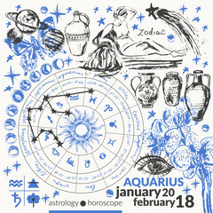Hand drawn aquarius zodiac sign illustration, horoscope background with astrology symbols and talismans.