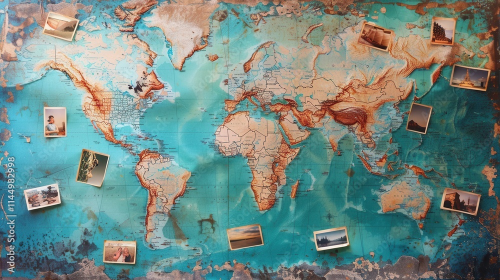 Poster explore world travel memories with photographs on a vibrant map backdrop for adventure enthusiasts. 