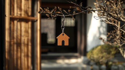 A wooden house keychain hangs from a branch, offering a charming view of a serene entrance in a traditional setting.