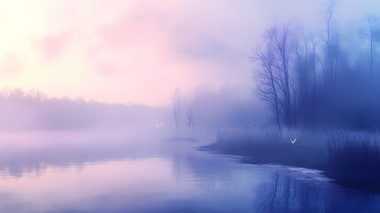 Fototapeta premium Misty, dreamlike atmosphere with soft blues and purples, featuring subtle fog effects, atmospheric effect, ethereal. Etherean. Illustration