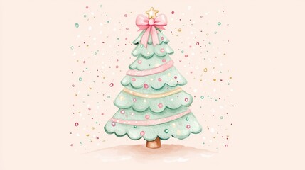 A whimsical, pastel-colored Christmas tree adorned with ornaments and a pink bow, set against a soft, festive background with scattered snowflakes.
