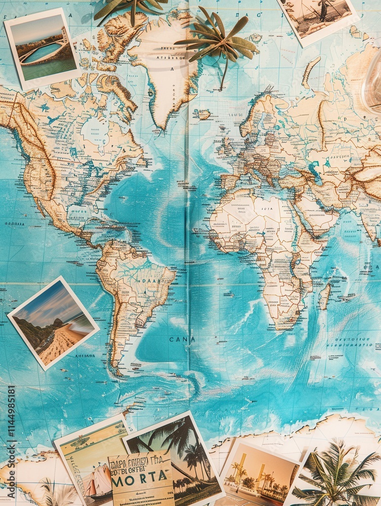 Leinwandbilder Travel photos creatively arranged on a world map backdrop with ample copy space for travel adventures. Generative AI