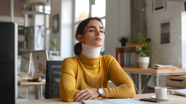 Une femme portant une minerve travaillant &agrave; un bureau.