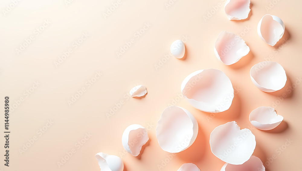Poster Eggshell fragments scatter across delicate pastel hues creating a soft and whimsical atmosphere in each image displayed._00003_