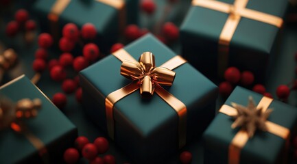 Dark Teal Gift Boxes with Gold Ribbons Surrounded by Red Berries and Pine Branches