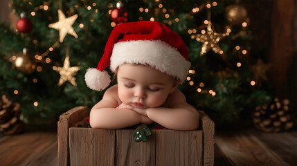 A thoughtful child wearing a classic red Santa Claus hat, their small hands resting on an unwrapped gift box, with a glowing Christmas tree adorned with golden stars in the backgro