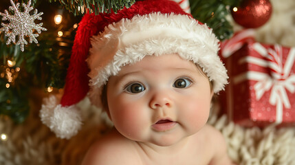 A baby in a cozy Santa Claus hat, their chubby cheeks glowing under the soft light of a Christmas tree decorated with candy canes and snowflake ornaments, surrounded by presents."