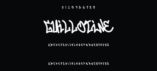 Street alphabet in hip-hop graffiti style, hand drawn. youthful urban atmosphere. energetic expressive title. vector graffiti alphabet on black background