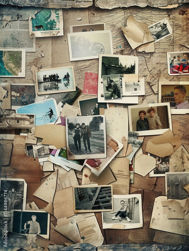 Fototapete unique collage featuring vintage photographs and assorted memories on a rustic backdrop with ample c