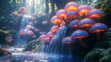 Obraz premium Glowing mushrooms cluster near a cascading waterfall in a mystical forest.