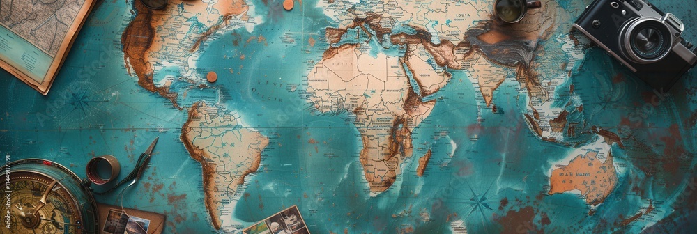 Poster explore travel memories through pictures on a world map backdrop with ample copy space for creative 