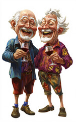 Obraz premium Humorous Caricature of Two Elderly Men Enjoying Wine with Exaggerated Features and Vibrant Clothing in a Joyful Scene