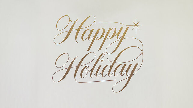 "Happy Holiday" typography in elegant gold ink calligraphy, set against a white background, creating a minimalist and sophisticated holiday design.

