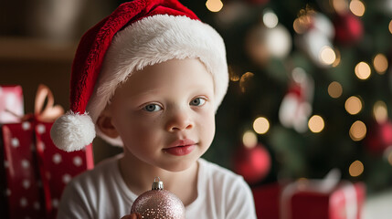 A child with albinism, their soft white hair peeking out from under a Santa Claus hat, holding a...