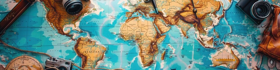 Naklejka premium Travel memories showcased on a vintage world map with copy space for travel inspiration. Generative AI