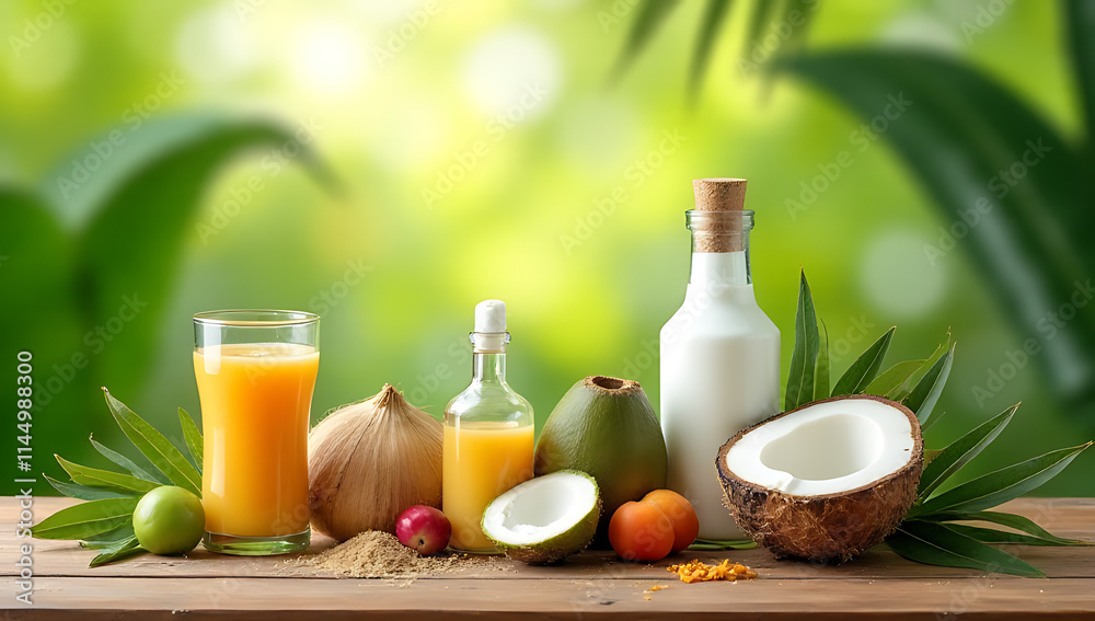 Poster display of summer and nature products on a wooden table with a blurred coconut leaf background and f